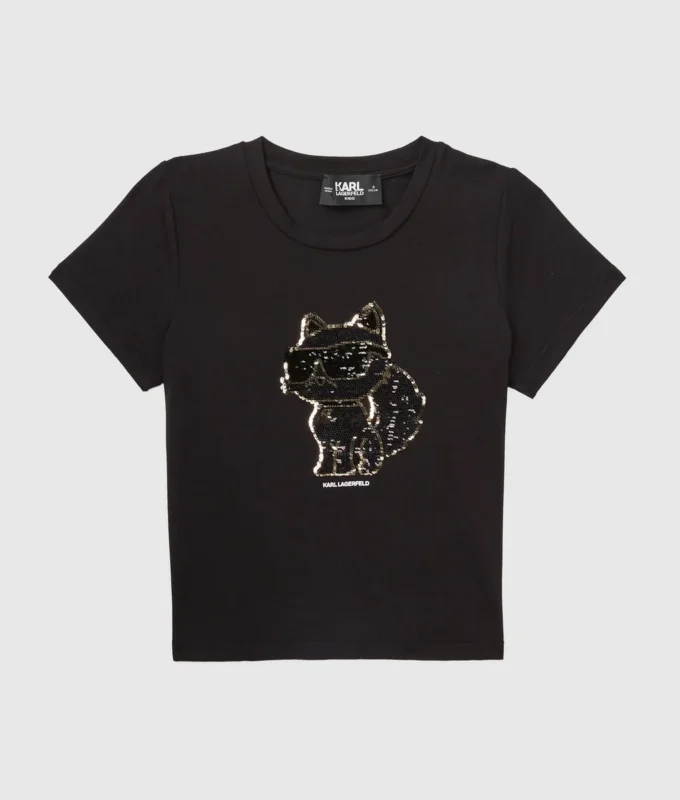 Mädchen-T-Shirt mit Pailletten und Ikon Choupette-Motiv Mädchen-T-Shirt mit Pailletten und Ikon Choupette-Motiv