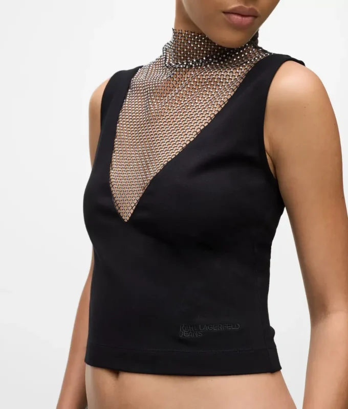 Oberteil mit V-Ausschnitt und Strass-Mesh Oberteil mit V-Ausschnitt und Strass-Mesh