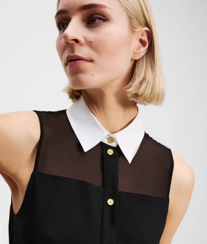 ÄRMELLOSE BLUSE MIT POPLIN-KRAGEN ÄRMELLOSE BLUSE MIT POPLIN-KRAGEN